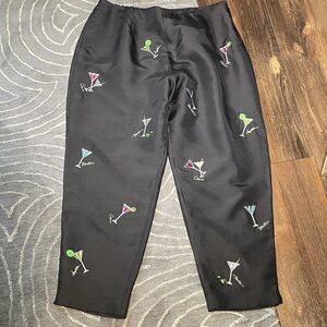 SLB Black Silk Tapered Pants with Cocktail Drink Embroidery Size 18